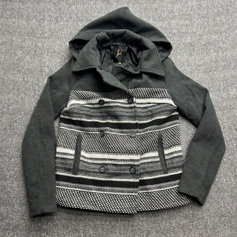 Jack BB Dakota Pea Coat XS Women Gray Striped Colorblock Crop Hood‎